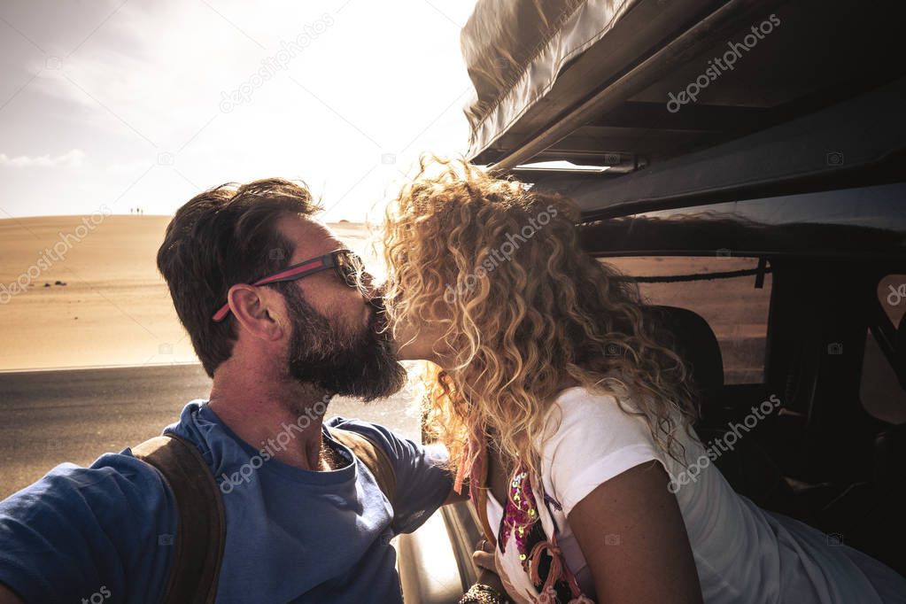 Couple of people traveler kissing and taking selfie picture