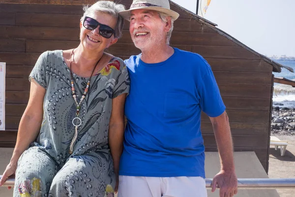 Happy Cheerful Senior Couple Smiling Enjoying Sunny Day Outdoor — Stock Photo, Image
