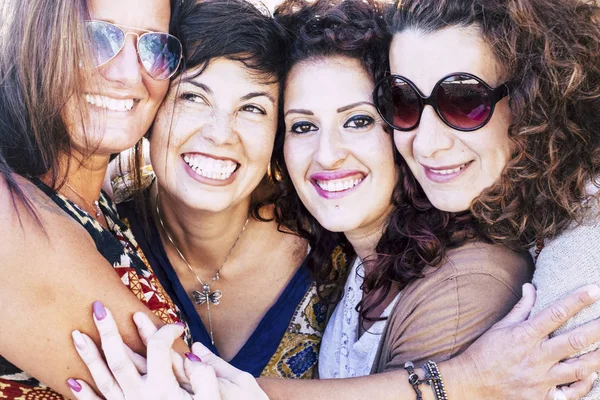 Cheerful Friends Happy People Beautiful Group Young Pretty Women Hugging — Stock Photo, Image