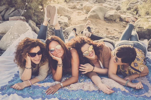 Group People Happy Friends Young Caucasian Cheerful Women Lay Ground — Stock Photo, Image