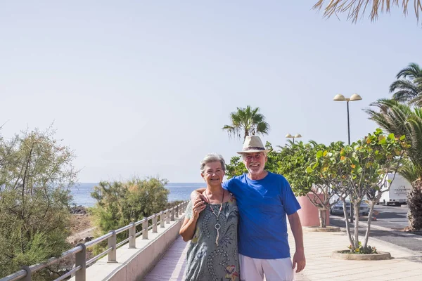 Happy Cheerful Senior Couple Smiling Enjoying Sunny Day Outdoor — Stock Photo, Image