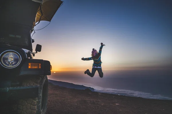 Woman Back Jumping Enjoying Freedom Beautiful Sunset Mountain Top — Stock Photo, Image