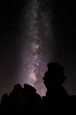Samanyolu ile gece manzarası, galaksi ve seyahat dünyası kavramı
