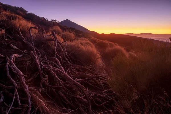 Coucher Soleil Dans Montagne Aride Volcan Dessert Avec Des Couleurs — Photo