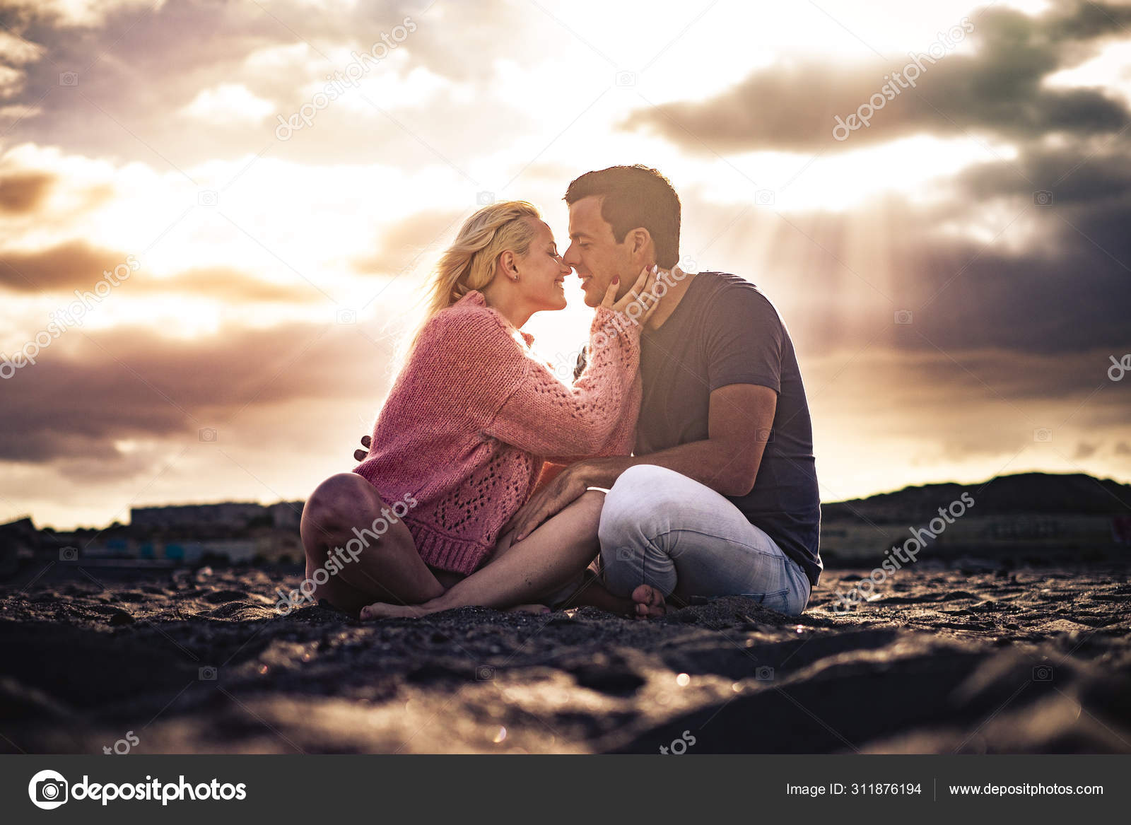 Couple in love, profile silhouettes close to each other, beautiful