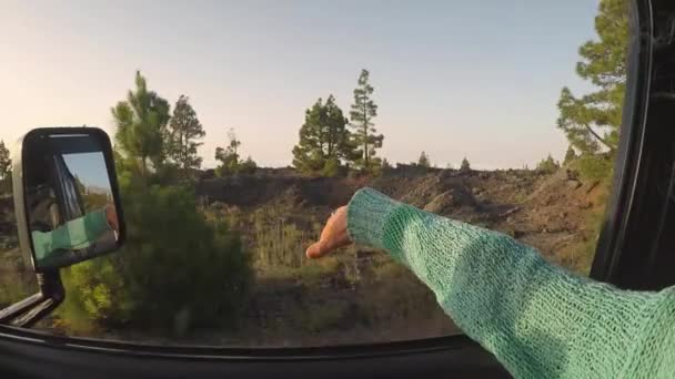 Kobieta Gra Wiatrem Podczas Podróży Samochodem Drodze Kolorowy Zachód Słońca — Wideo stockowe