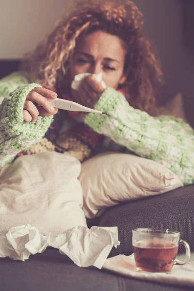 Woman Home Fever Flu Illness Disease Checking Temperature Drinking Hot — Stock Photo, Image