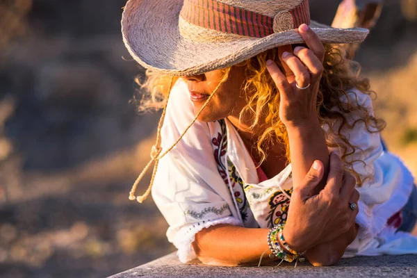Portrait Beautiful Young Trendy Woman Cowboy Hat Accessories Bracelets Lay — Stock Photo, Image