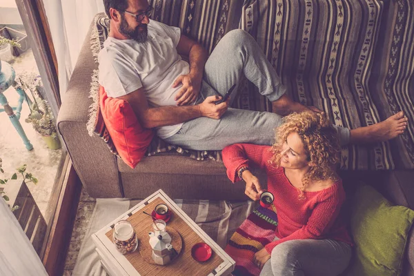 Caucasian People Couple Home Enjoying Life Together Having Breakfast Morning — Stock Photo, Image