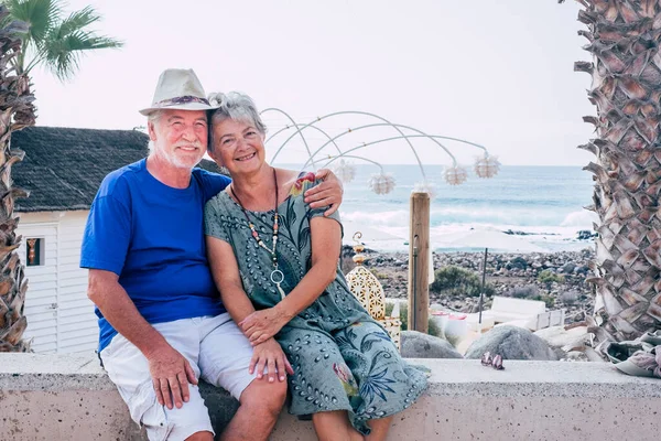 Happy Senior Couple Hug Love Enjoy Together Outdoor Leisure Activity — Stock Photo, Image
