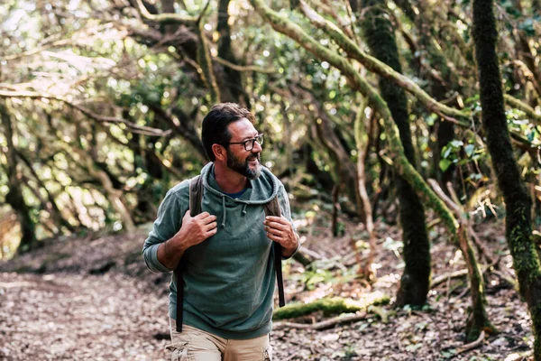 Portrait Man Backpack Enjoying Outdoor Leisure Activity Walking Wood Forest — Stock Photo, Image