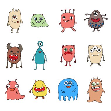 renkli doodle çizilmiş canavarlar kümesi