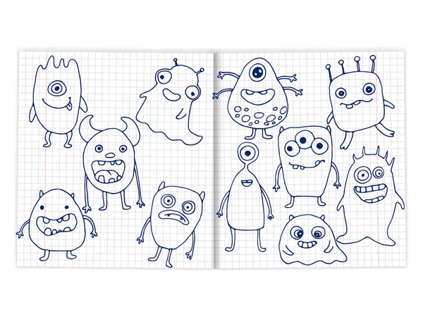 Doodle Monsters Set Page Notebook — Stock Vector