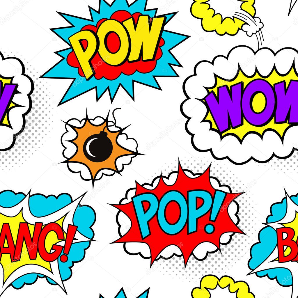 Seamless pattern with comic speech bubbles patches, POW, WOW, BANG pop art style