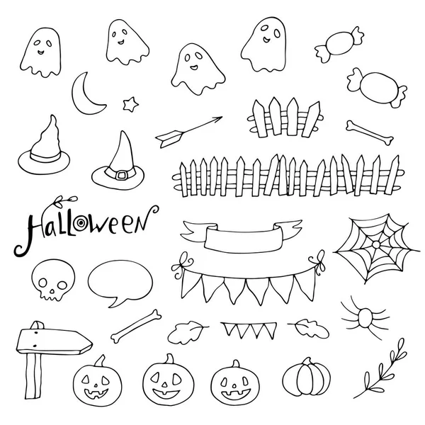 Halloween Doodles Set Pumpkins Spider Webs Ghosts More — Stock Vector