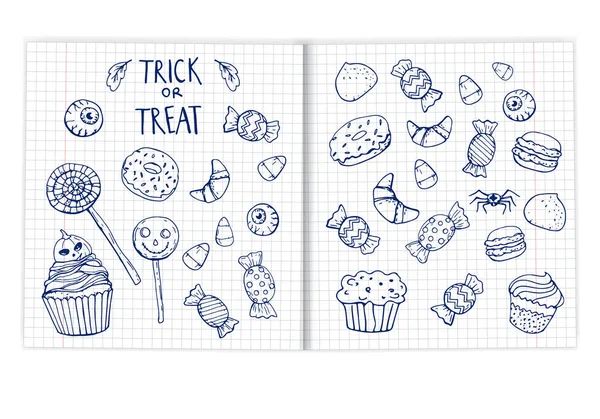 Zestaw Halloween Słodycze Doodle Wyciągnąć Notatniku — Wektor stockowy