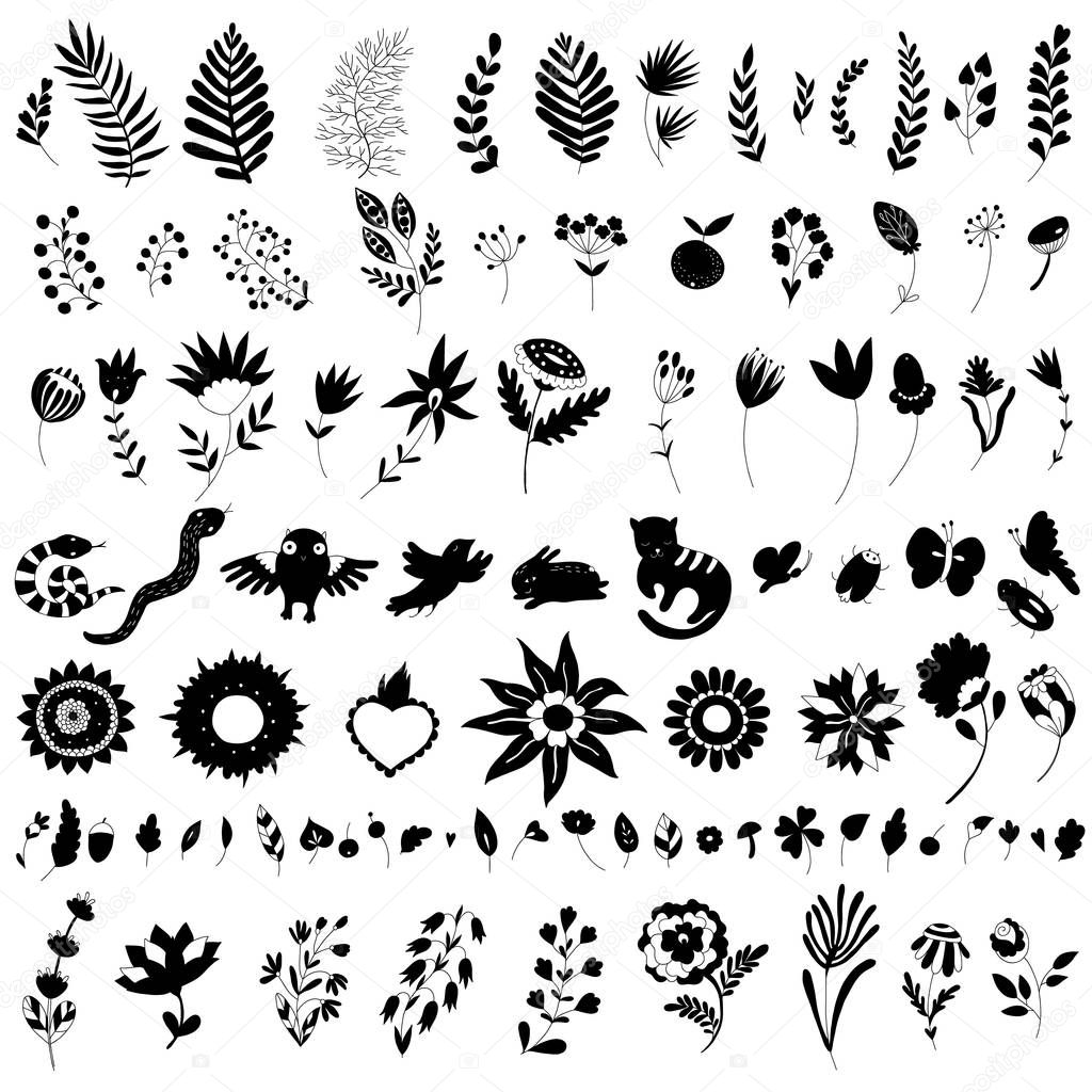 collection of hand-drawn flowers, branches, leaves and animals. set of flora and fauna silhouettes