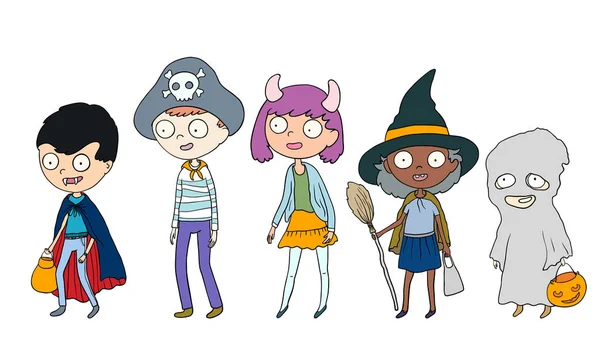 Conjunto de personajes de Halloween dibujados a mano, niños y niñas en trajes — Vector de stock