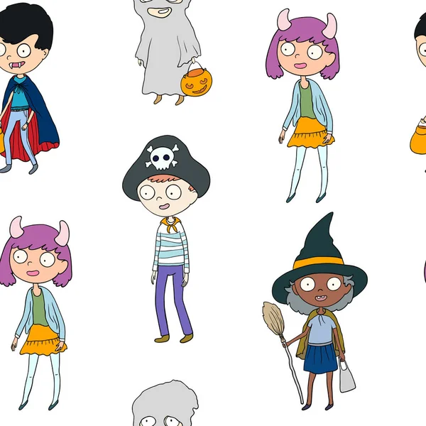 Patrón sin costuras con personajes pintados, niños en disfraces de Halloween — Archivo Imágenes Vectoriales