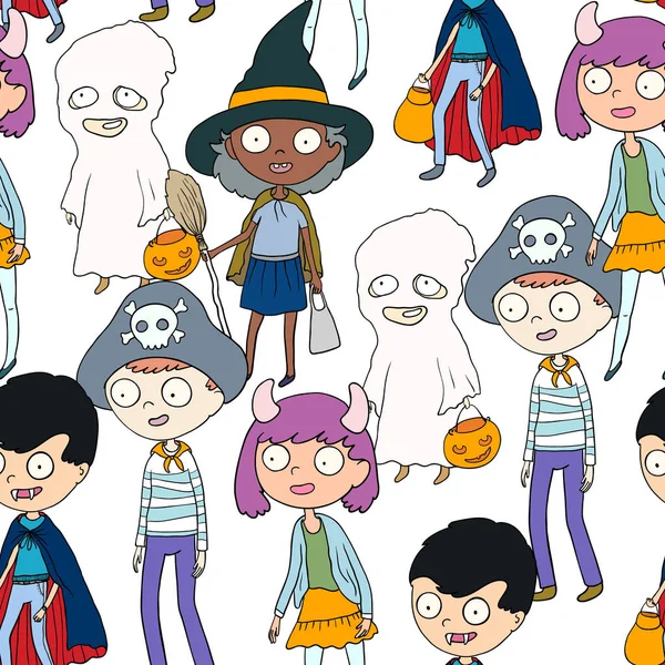 Patrón sin costuras con personajes dibujados a mano, niños en disfraces de Halloween — Archivo Imágenes Vectoriales