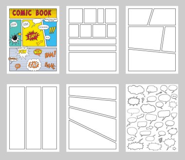 çizgi roman Blanks seti, metin konuşma kabarcıkları , Comic dergi kapağı Şablon, şerit sayfa mock up