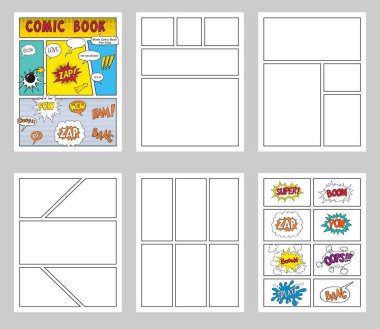 çizgi roman Blanks seti, metin konuşma kabarcıkları , Comic dergi kapağı Şablon, şerit sayfa mock up