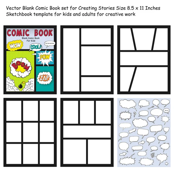 Comic book Blanks set, text speech bubbles , Comic magazine cover Template, strip page mock up — Stock Vector