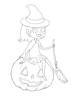 Kabak karikatür kız ile Boyama sayfası, Cadılar Bayramı illüstrasyon