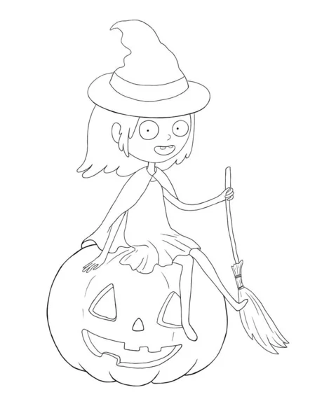 Coloring page with cartoon girl on pumpkin, Halloween illustration — Stock Vector