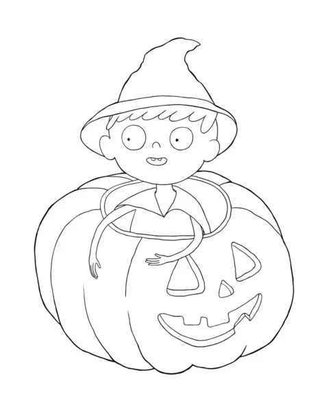 Para colorear página con dibujos animados niño pequeño en calabaza, ilustración de Halloween — Vector de stock