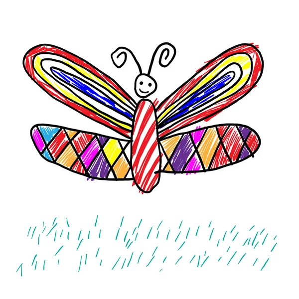 Butterfly kinderen tekening heldere vector illustratie — Stockvector