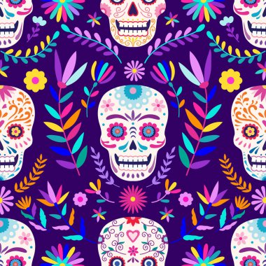 Ölüm Günü, dikişsiz desen, çiçek arka plan üzerinde şeker kafatası