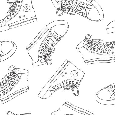 Spor ayakkabıları ve trend vektör arkaplanlı vektörsüz desen