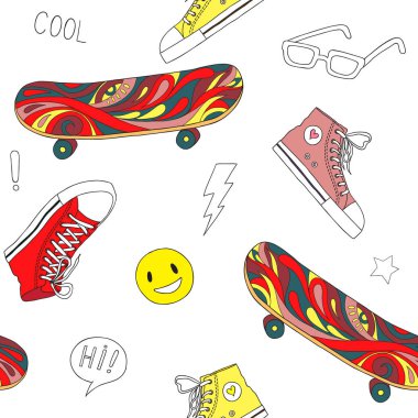 Kaykay ve spor ayakkabılarla kusursuz desen. Eğilim renkli arkaplan