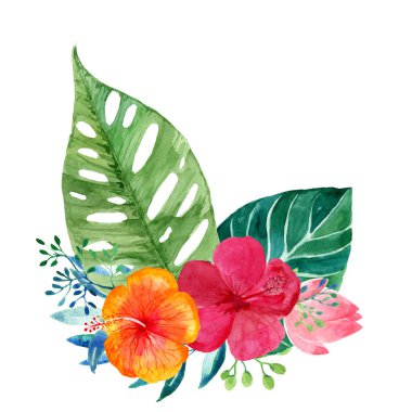 suluboya tropikal çiçekler ve yapraklar, beyaz arka planda izole edilmiş güzel buket.