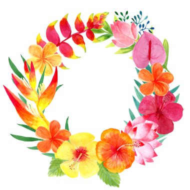 Tropik çiçekli güzel bir çelenk. Çiçek çerçevesi. Suluboya çiçekler ve yapraklar. Beyaz arkaplanda izole