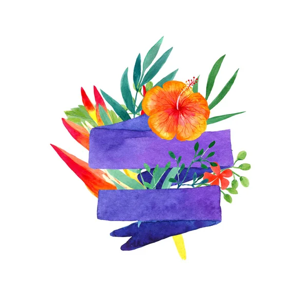 Aquarellband Mit Tropischen Blumen Strauss Aus Tropischen Blumen Und Blättern — Stockfoto