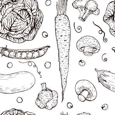 Elle çizilmiş sebzelerle siyah-beyaz desenli.