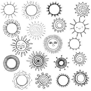 Karalama seti beyaza izole edildi. Şekillendirilmiş güneş