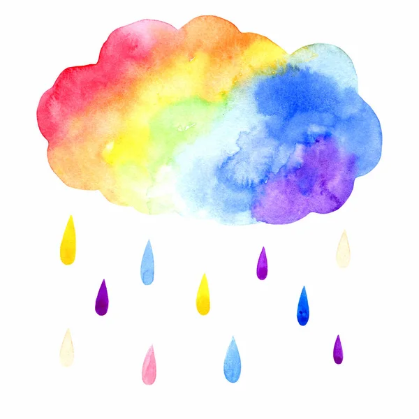 Aquarell Regenbogenwolke Mit Regentropfen — Stockvektor