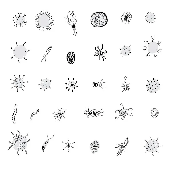 Conjunto Garabatos Dibujados Mano Bacterias Virus Células — Vector de stock