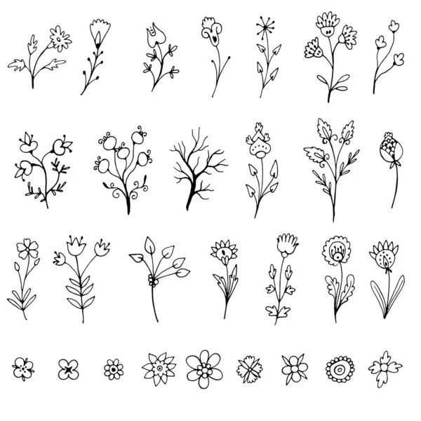 花や小枝のシンプルなドードルのセット — ストックベクタ
