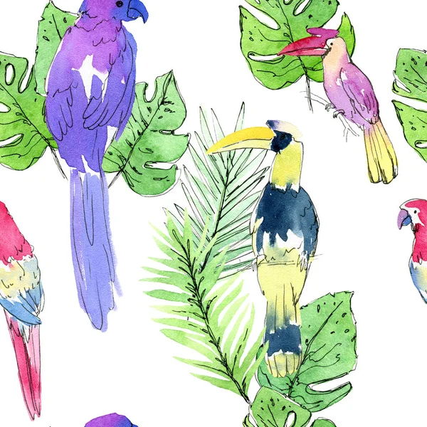Бесшовный Рисунок Тропическими Птицами Листьями — стоковое фото