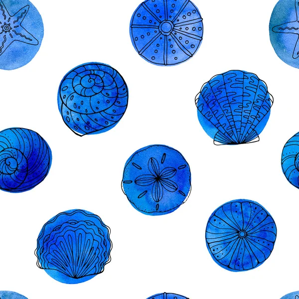 Nahtloses Muster Blauer Aquarellkreise Mit Muschelkritzeleien — Stockfoto