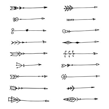 Okların vektör boho stili tasarım elementleri. El yapımı oklar ve tüylü etnik set