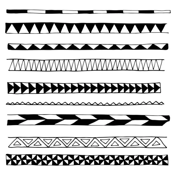 Set Hand Drawn Geometric Borders Black White — Stock Vector