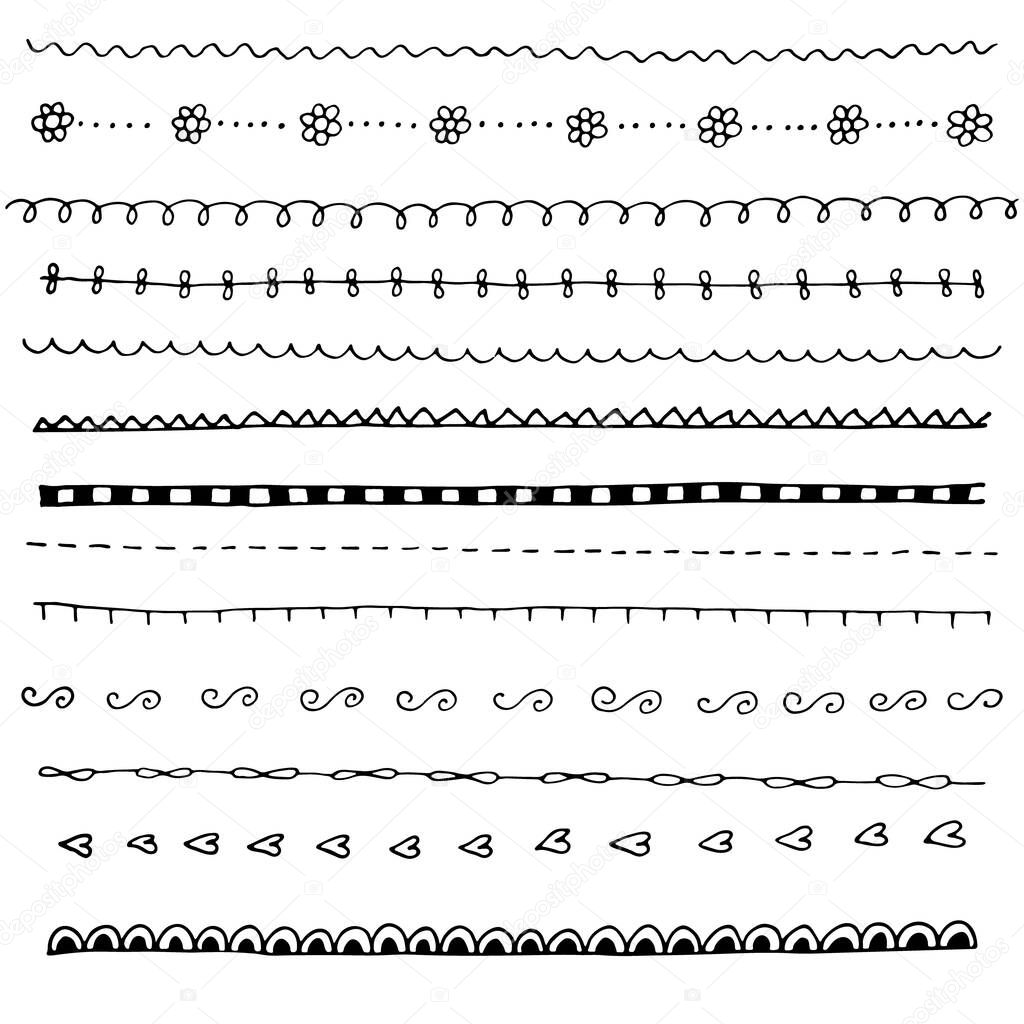 Collection of hand drawn line borders, Set of floral ornaments and waves. Vector illustration.