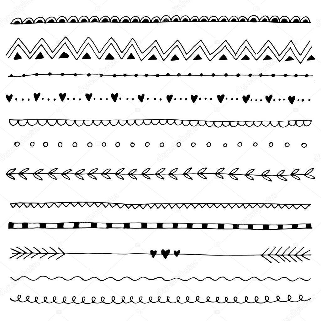 Collection of hand drawn line borders, Set of floral ornaments and waves. Vector illustration.