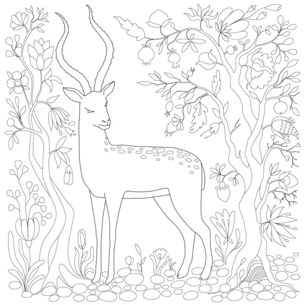 ぬり絵だ 大人のための抗ストレス着色本 手描きのヤギのスケッチや花の背景 — ストックベクタ