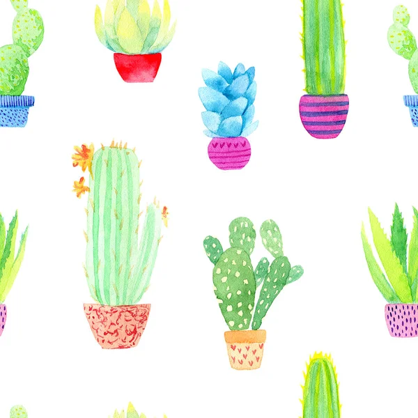 Watercolor Cacti Succulents Pots Seamless Pattern — Stock Photo, Image